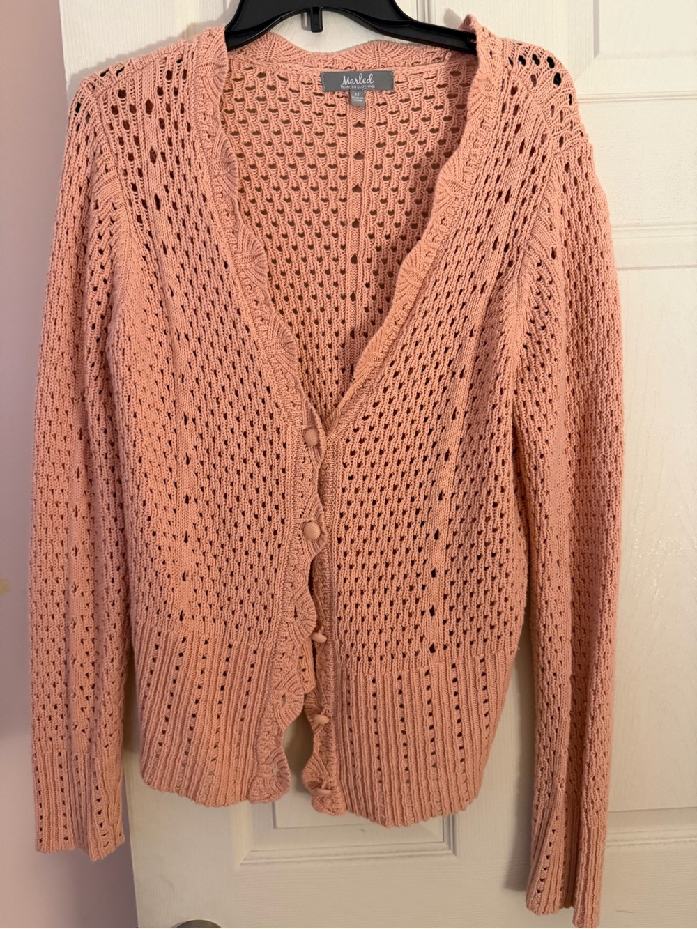 Lands' End Openwork Scallop-Trim Cardigan - Peach Pink